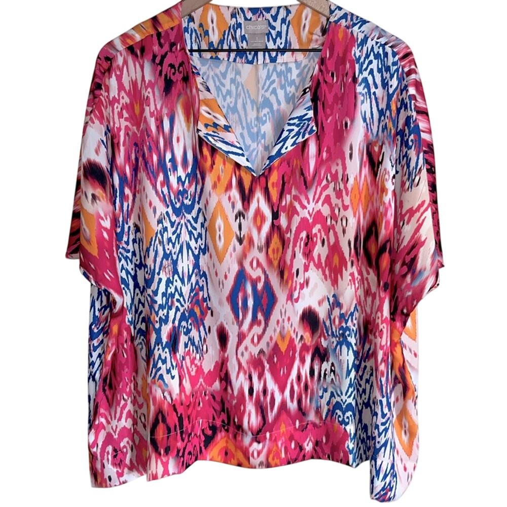 Chico's Bold Patterned Blouse XL Size 3 Bright Pink Multicolor Dopamine Dressing